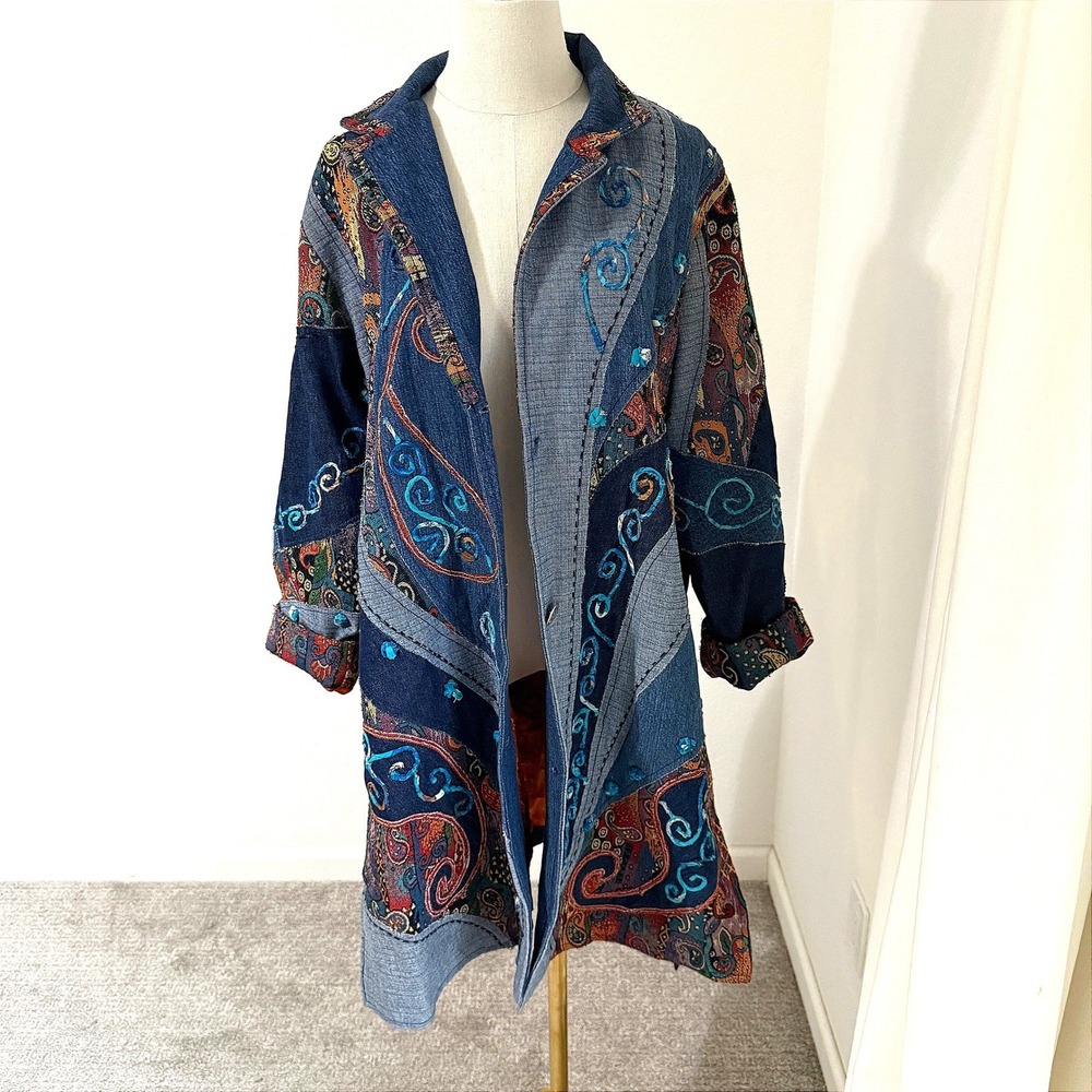 Vintage & Sage XL Denim Patchwork Tapestry Embroidered Coat Whimsical